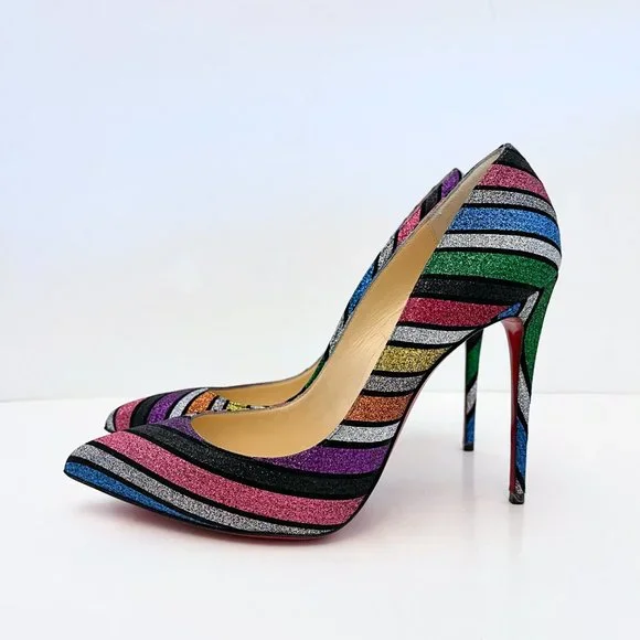 Christian Louboutin Pigalle Follies 100 Striped Glitter Pumps Rainbow Multicolor - Picture 2 of 14